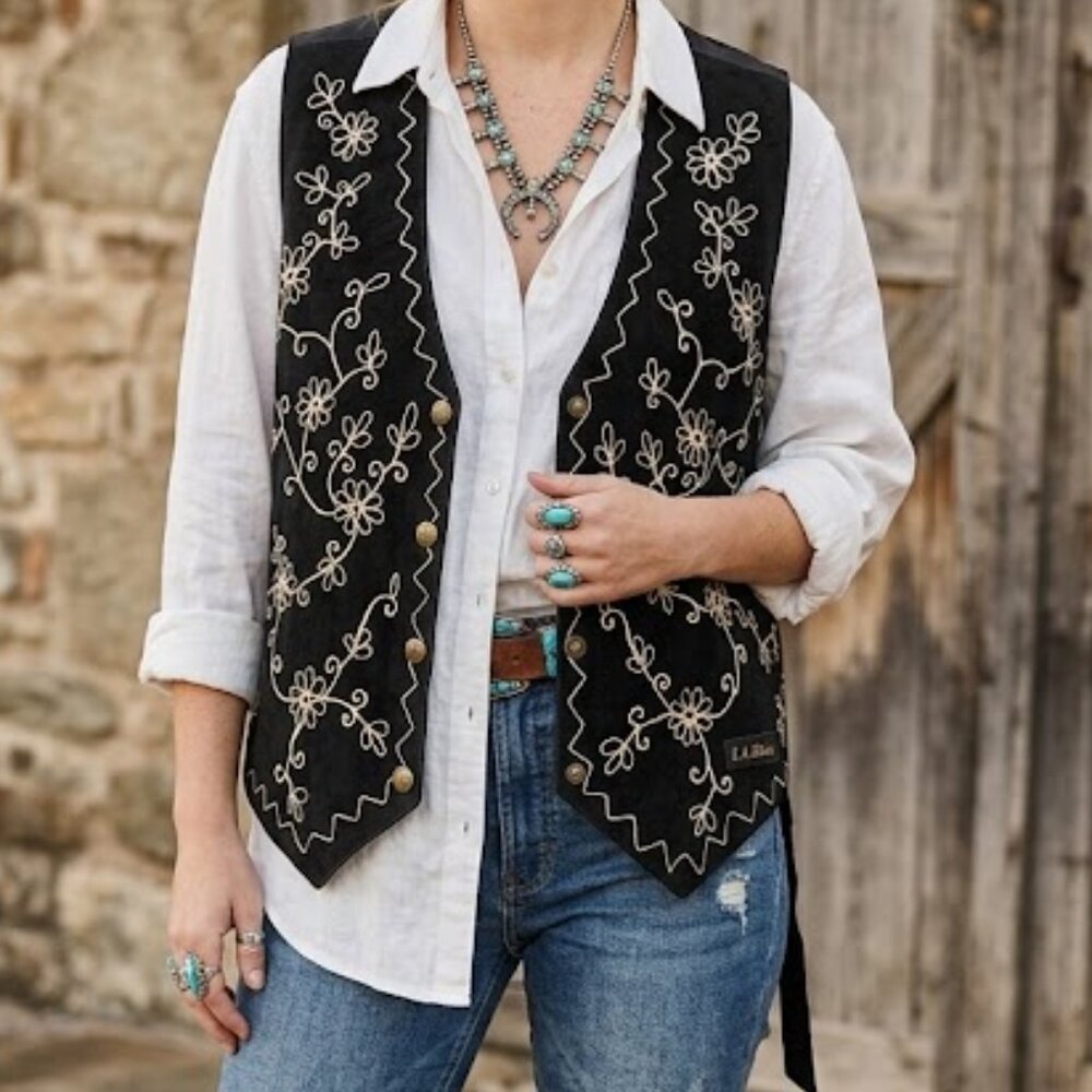 Western Cottagecore L.A. Blues Black Leather Embroidered Vest 3X